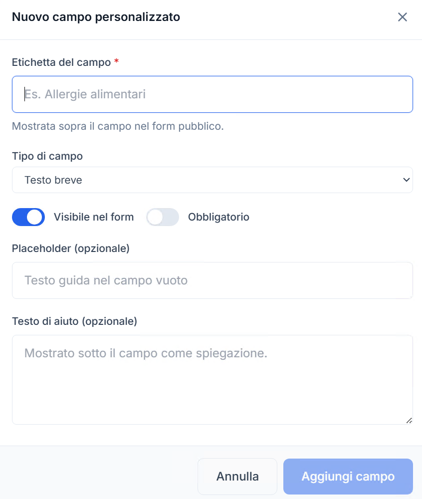 Creazione di un campo personalizzato per il form di iscrizione