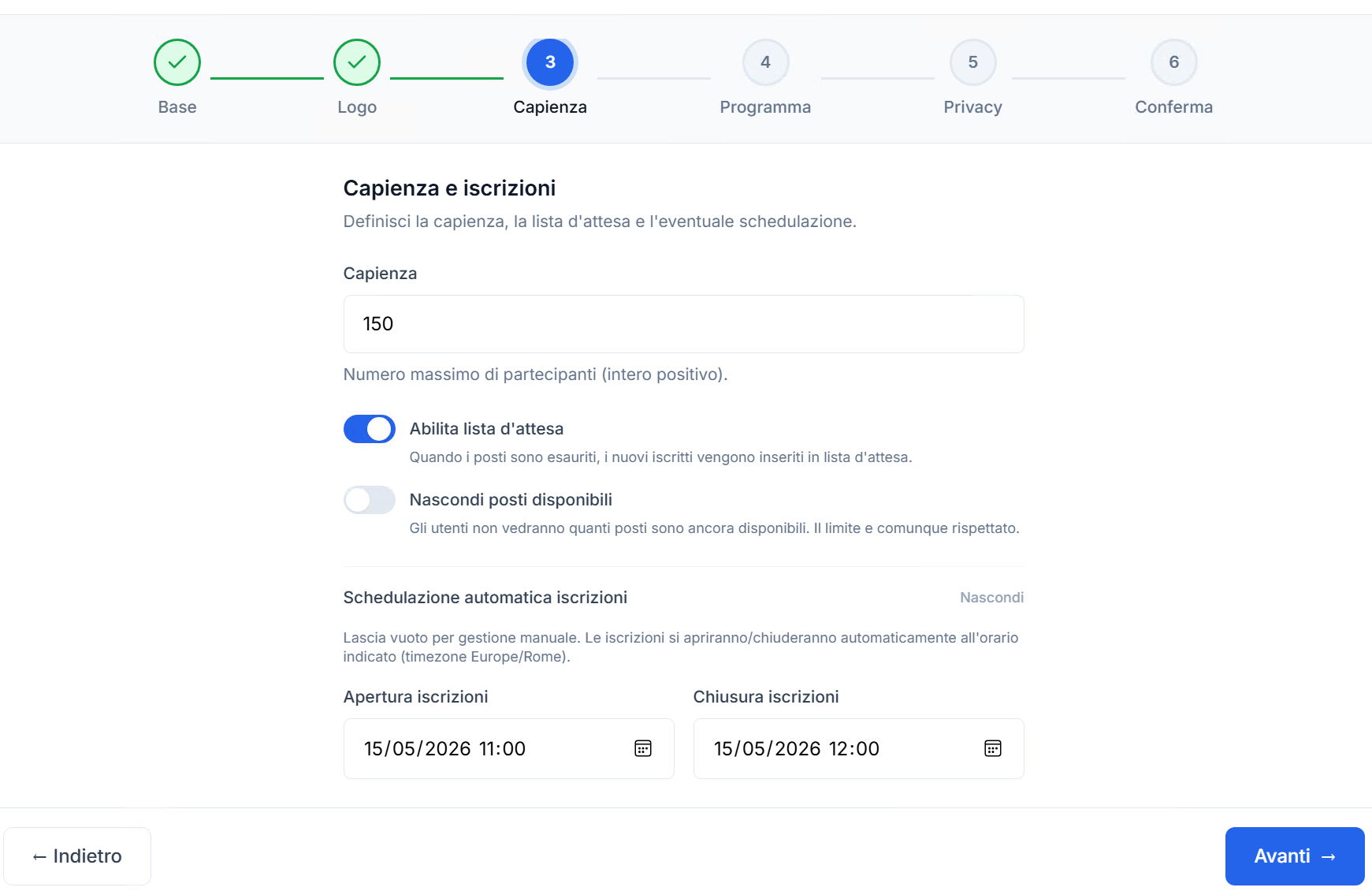 Configurazione capienza, posti disponibili e lista d'attesa dell'evento