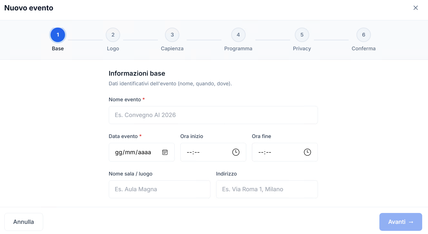 Editor di creazione evento QR-Entra: inserimento informazioni base