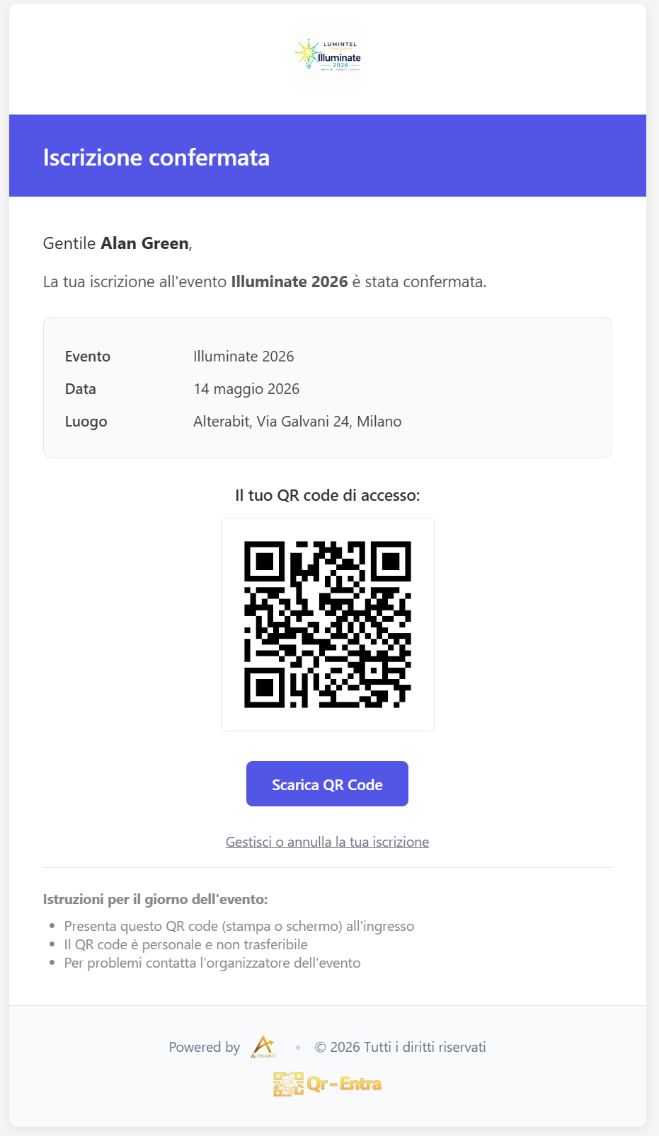 Email di conferma iscrizione con QR badge personale di accesso