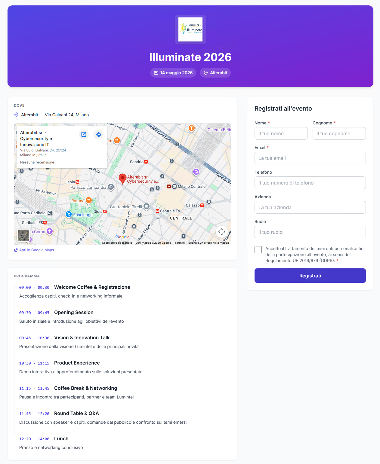 Pagina evento pubblica QR-Entra con form di iscrizione, mappa e programma