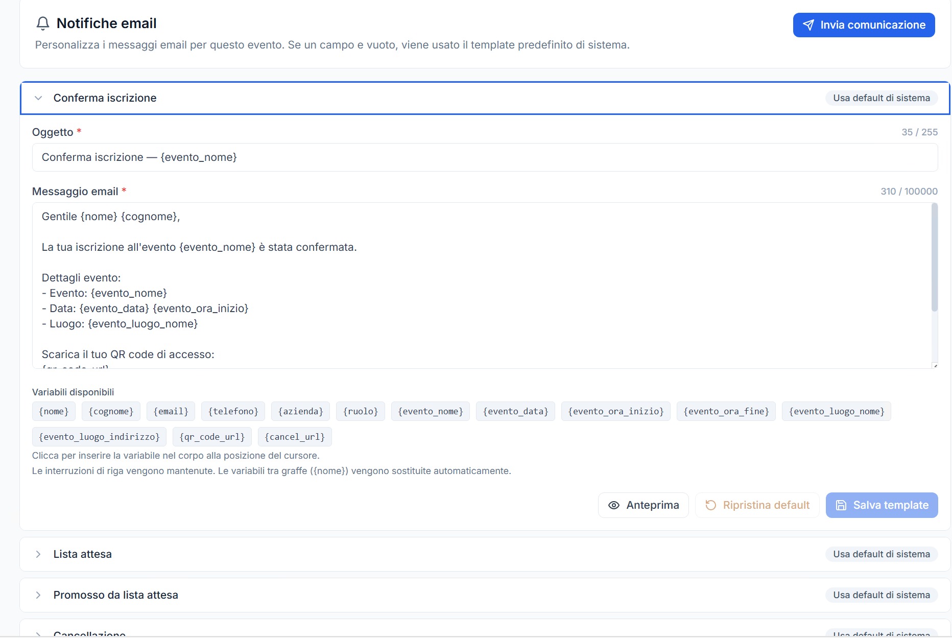Editor dei template delle notifiche email personalizzabili dell'evento